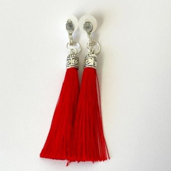 Red and White Tassel Earring - Picture 2 of 3